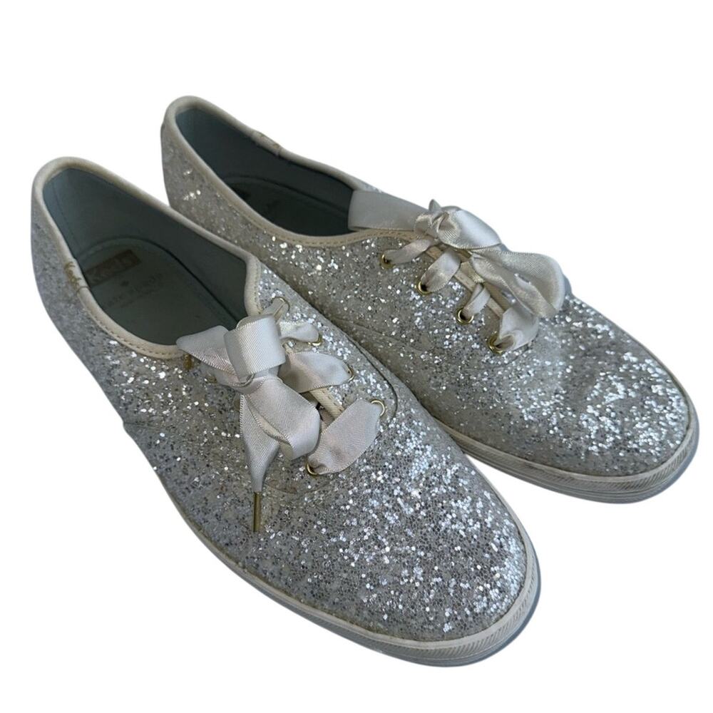 KATE SPADES X KEDS Low-Top ribbon laces bridal white glitter wedding sneakers 10